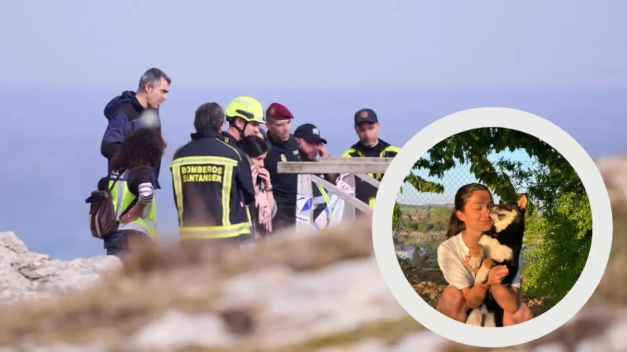 Elena Sirbu con su inseparable border collie, en una imagen cedida por la familia. Al fondo, equipos de rescate y servicios de emergencia trabajan en la zona de la playa de El Bocal (Santander) tras el colapso de la pasarela, en un dispositivo coordinado por Salvamento Mar&iacute;timo. &mdash; Foto: Juanma Serrano / Europa Press / La Tribuna de Guadalajara.