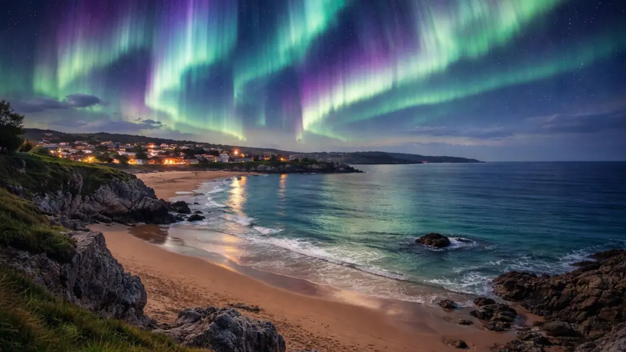 Recreaci&oacute;n de c&oacute;mo podr&iacute;a verse la aurora boreal desde Cantabria. / I.A