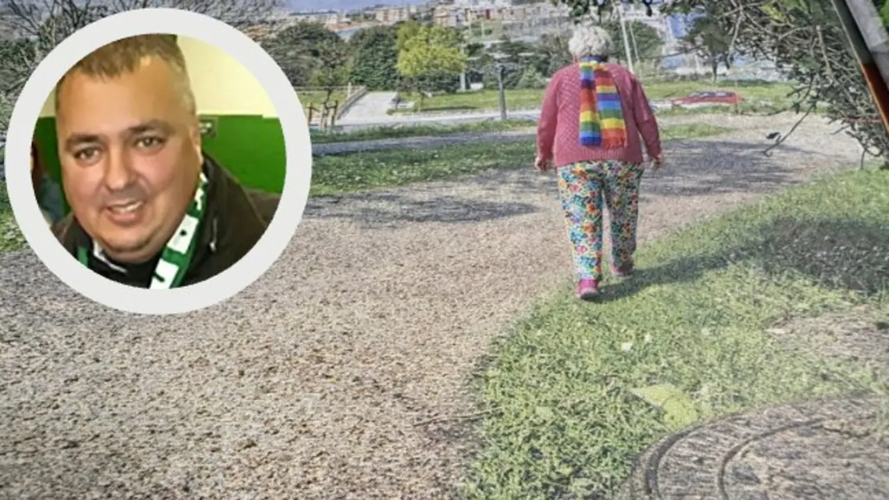 Plaza Sim&oacute;n Cabarga, en Santander, lugar donde se produjo la ca&iacute;da mortal tras el empuj&oacute;n al aficionado del Racing; en el recuadro, Mariano G. L., la v&iacute;ctima.