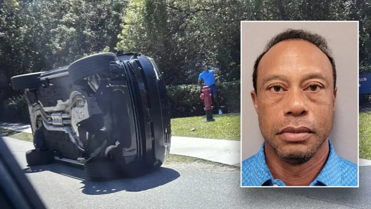 El veh&iacute;culo de Tiger Woods tras el accidente en Florida y la imagen difundida tras su detenci&oacute;n por un incidente relacionado con la conducci&oacute;n bajo los efectos de sustancias.