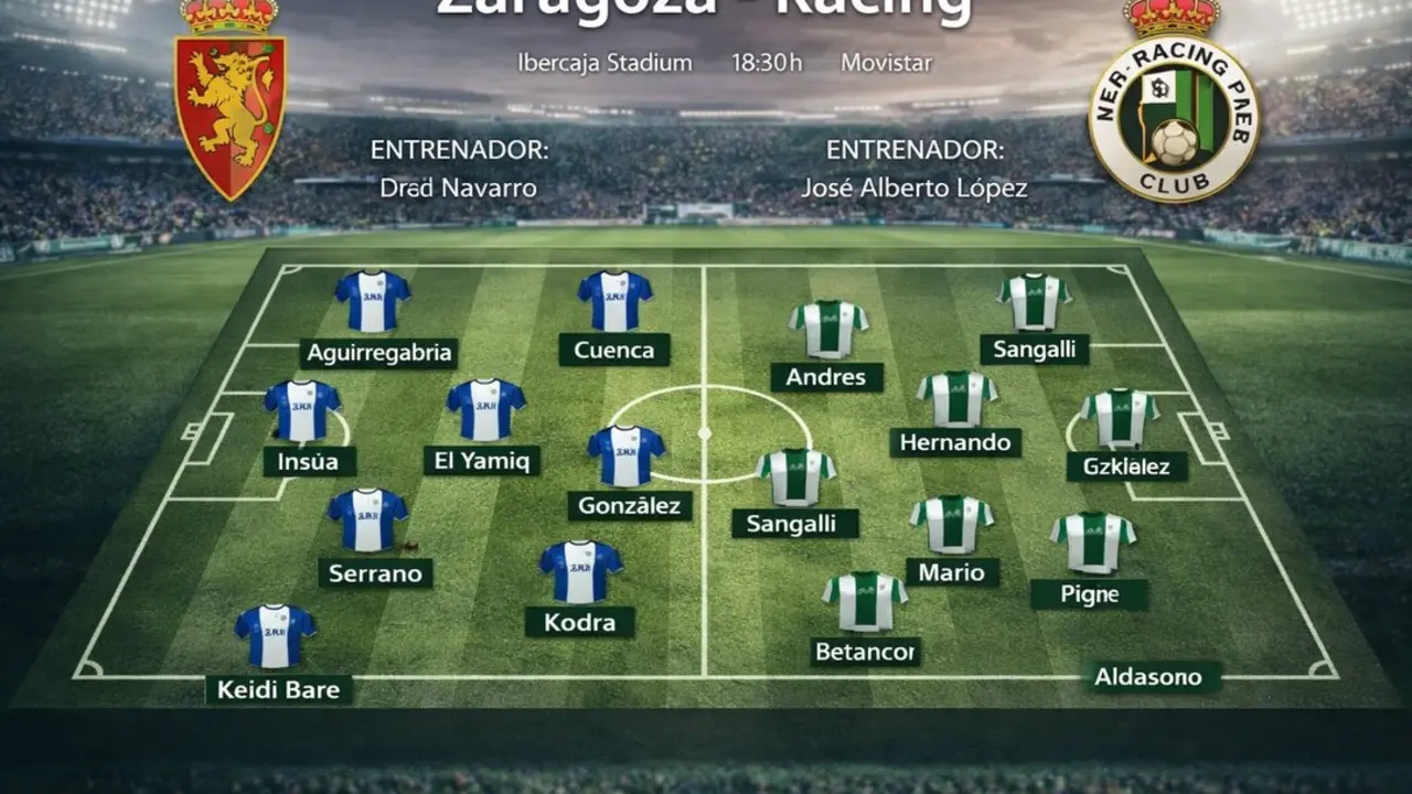 La infograf&iacute;a presenta de forma clara y visual las alineaciones de Zaragoza y Racing, con un dise&ntilde;o moderno tipo retransmisi&oacute;n que sit&uacute;a a ambos equipos sobre el terreno de juego y facilita la lectura t&aacute;ctica previa al encuentro.
