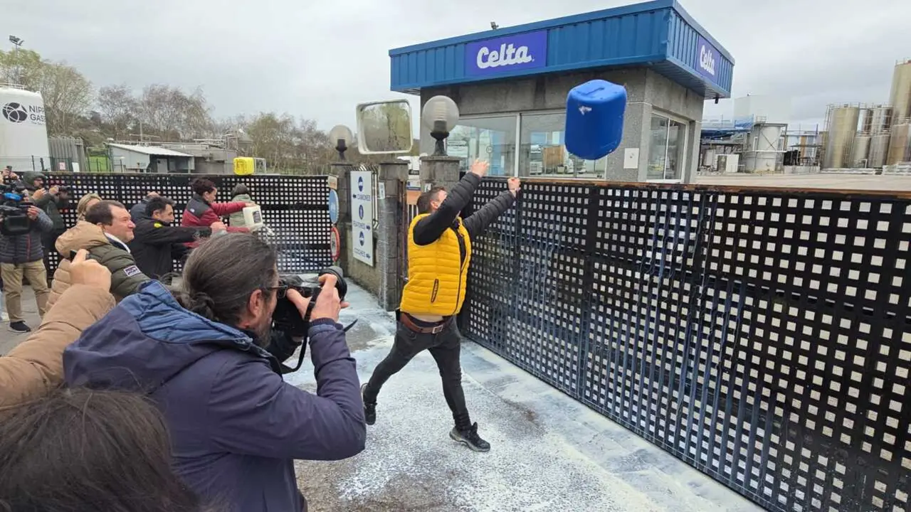 Luis P&eacute;rez Portilla, secretario General de UGAM-COAG, lanza una garrafa de leche hacia el interior de la f&aacute;brica de Celta durante la protesta en Meruelo. / Alerta