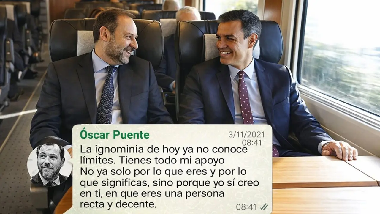 Pedro S&aacute;nchez y &Oacute;scar Puente conversan en un tren en una imagen que acompa&ntilde;a los mensajes de apoyo al exministro Jos&eacute; Luis &Aacute;balos, hoy en el centro de la pol&eacute;mica pol&iacute;tica y judicial.