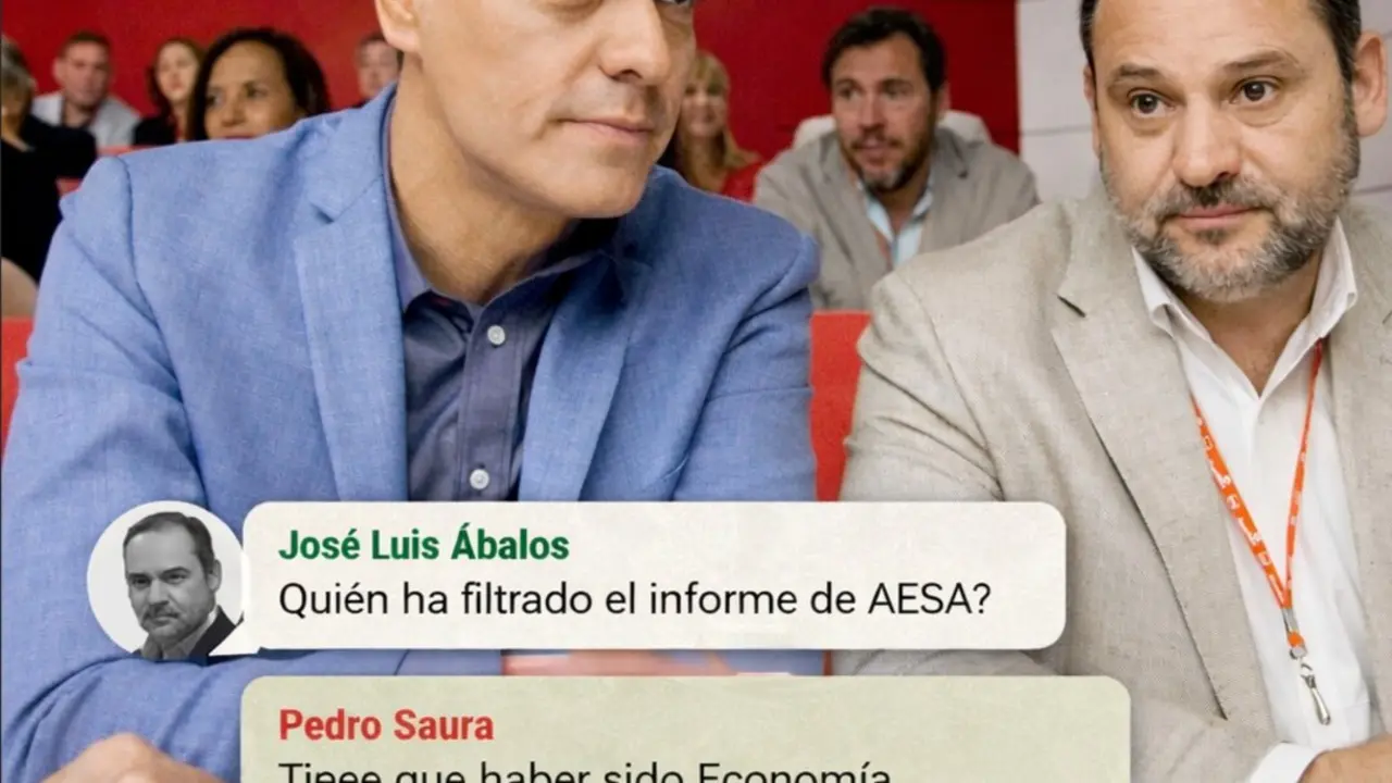 Pedro S&aacute;nchez y Jos&eacute; Luis &Aacute;balos, en una imagen de archivo, junto a un mensaje que refleja las tensiones internas tras la filtraci&oacute;n de un informe de AESA.