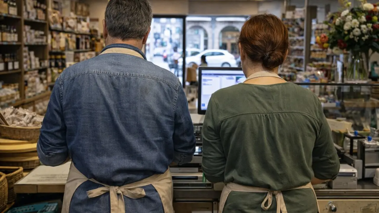 Dos dependientes trabajan en el mostrador de su tienda mientras revisan la actividad diaria, reflejo de la presi&oacute;n econ&oacute;mica que afrontan muchos peque&ntilde;os negocios.
