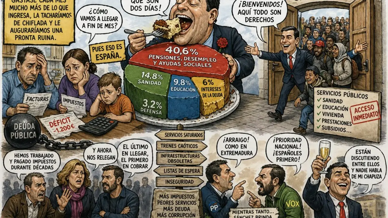 Caricatura sobre el gasto p&uacute;blico, la deuda y la inmigraci&oacute;n en Espa&ntilde;a, con cr&iacute;ticas a la gesti&oacute;n econ&oacute;mica y social del Gobierno y al impacto en los servicios p&uacute;blicos.