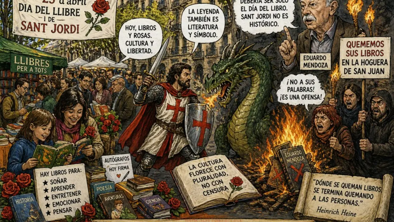 Ambiente festivo del D&iacute;a del Libro y Sant Jordi en Barcelona, entre puestos de libros y rosas, frente a la pol&eacute;mica por las cr&iacute;ticas a la tradici&oacute;n y el rechazo a la censura cultural.