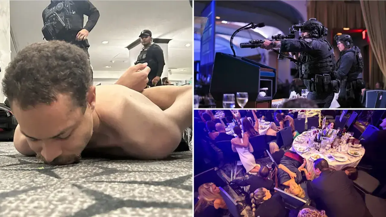 Un sospechoso yace boca abajo en el suelo mientras agentes de la ley lo detienen tras un incidente de seguridad durante la cena de corresponsales de la Casa Blanca en Washington, D.C., el 25 de abril de 2026. (@realDonaldTrump v&iacute;a Truth Social)