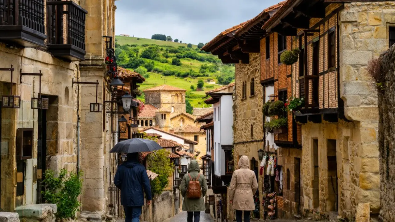 Turistas recorren las calles de Santillana del Mar en una jornada marcada por el cielo cubierto y el ambiente tranquilo del casco hist&oacute;rico.