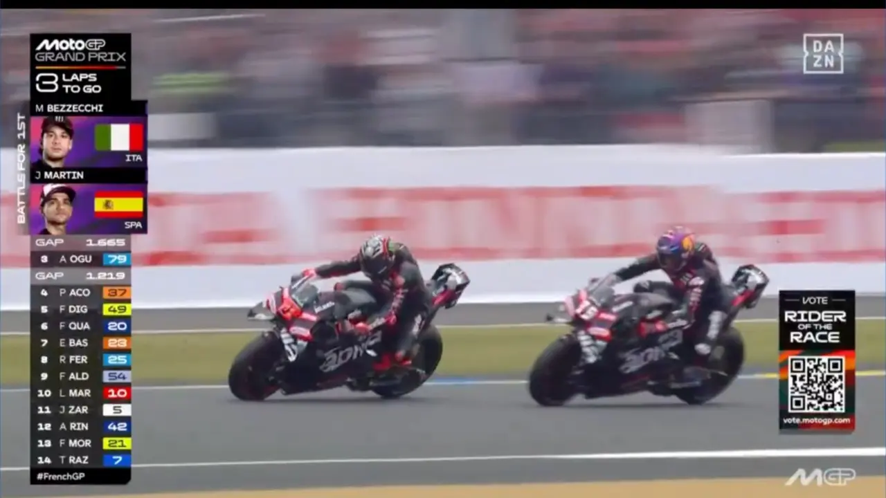 Jorge Mart&iacute;n y Marco Bezzecchi pelean por la victoria en las &uacute;ltimas vueltas del GP de Francia, en una carrera hist&oacute;rica que termin&oacute; con el primer triplete de Aprilia en MotoGP y el regreso del piloto madrile&ntilde;o a lo m&aacute;s alto del podio 588 d&iacute;as despu&eacute;s.