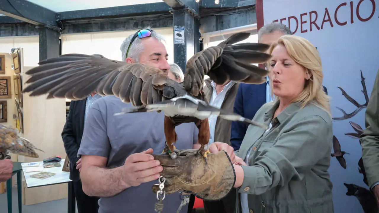 La consejera de Desarrollo Rural, Ganader&iacute;a, Pesca y Alimentaci&oacute;n, Mar&iacute;a Jes&uacute;s Susinos, participa en una exhibici&oacute;n de cetrer&iacute;a durante el acto conmemorativo del 40 aniversario de la Federaci&oacute;n C&aacute;ntabra de Caza, celebrado en el Hotel Milagros Golf de Mogro (Miengo). &copy; Ra&uacute;l Lucio | 11 de mayo de 2026.