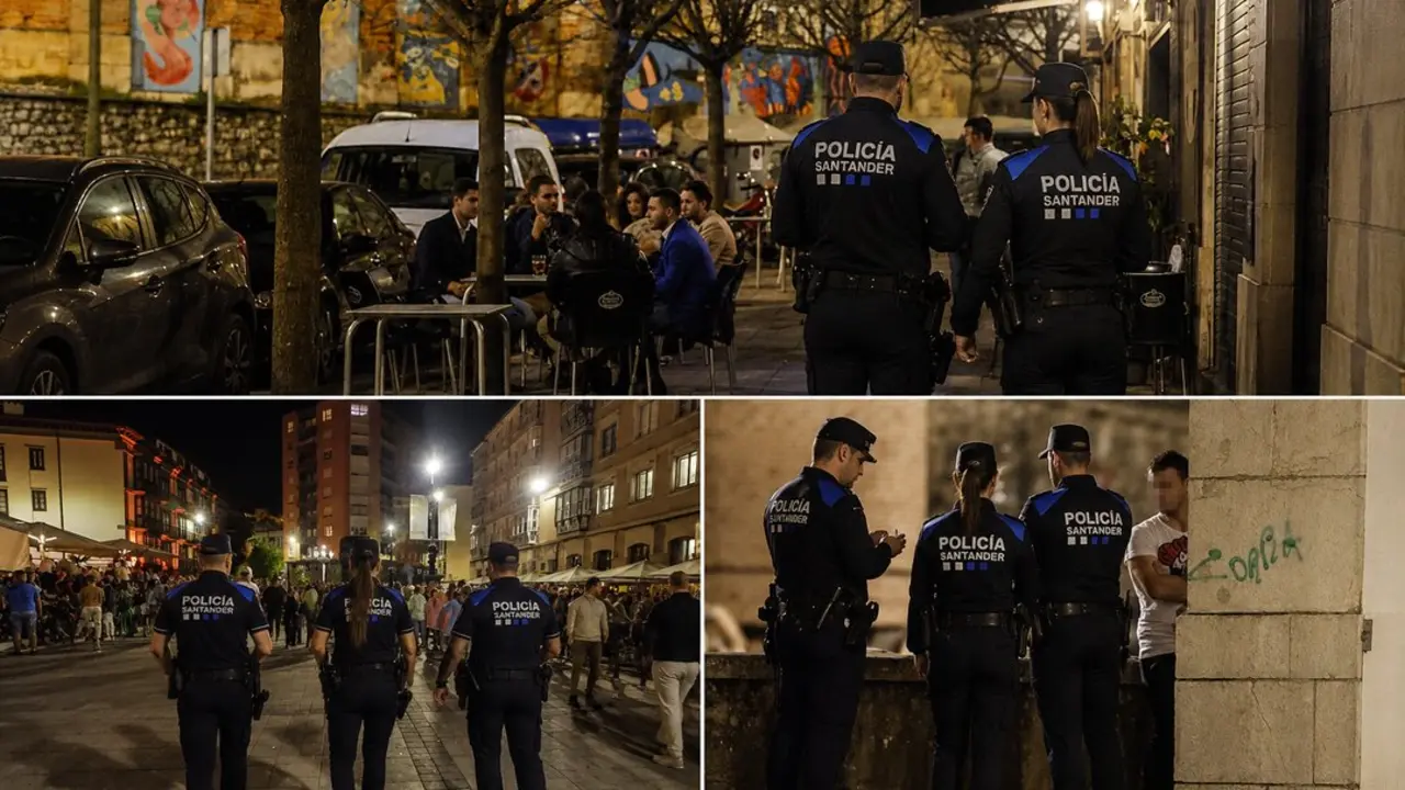 Agentes de la Polic&iacute;a Local de Santander durante varios de los dispositivos de seguridad y control desplegados este fin de semana en zonas de ocio nocturno de la ciudad.