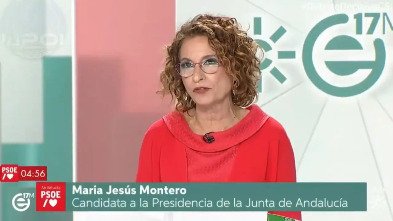 Mar&iacute;a Jes&uacute;s Montero, durante el debate electoral andaluz de 2026, donde calific&oacute; como &laquo;accidente laboral&raquo; la muerte de los dos guardias civiles asesinados en una operaci&oacute;n contra el narcotr&aacute;fico en Huelva. / PSOE Andaluc&iacute;a.
