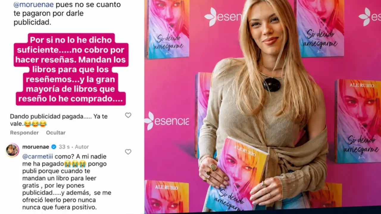 Alejandra Rubio, durante la presentaci&oacute;n de su novela Si decido arriesgarme, junto a varias capturas de las rese&ntilde;as y comentarios publicados en redes sociales sobre el libro. / Redes sociales - Europa Press.