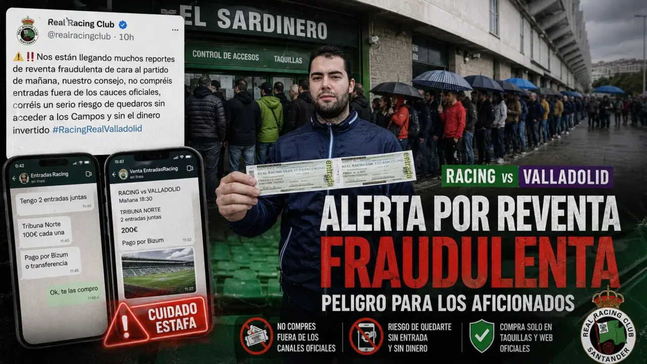 Fotomontaje period&iacute;stico realizado como composici&oacute;n visual para alertar sobre el problema de la reventa fraudulenta de entradas de cara al Racing vs Valladolid. El club verdiblanco recomienda adquirir localidades &uacute;nicamente a trav&eacute;s de canales oficiales para evitar posibles estafas.