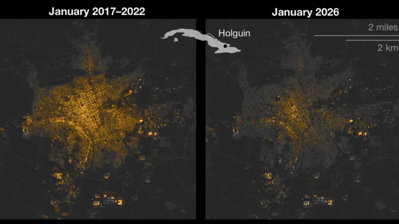La red el&eacute;ctrica de Cuba no puede iluminar toda la isla. Comparaci&oacute;n de la intensidad de la luz nocturna en las principales ciudades.
