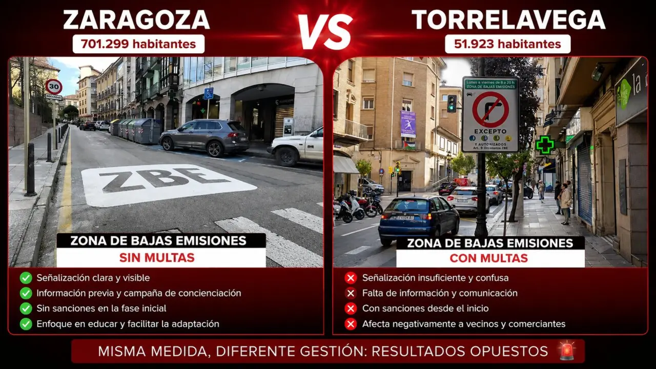 Comparativa de Zonas de Bajas Emisiones de Zaragoza y Torrelavega, donde vecinos y plataformas ciudadanas denuncian diferencias en la aplicaci&oacute;n de sanciones y en la gesti&oacute;n de las restricciones al tr&aacute;fico.