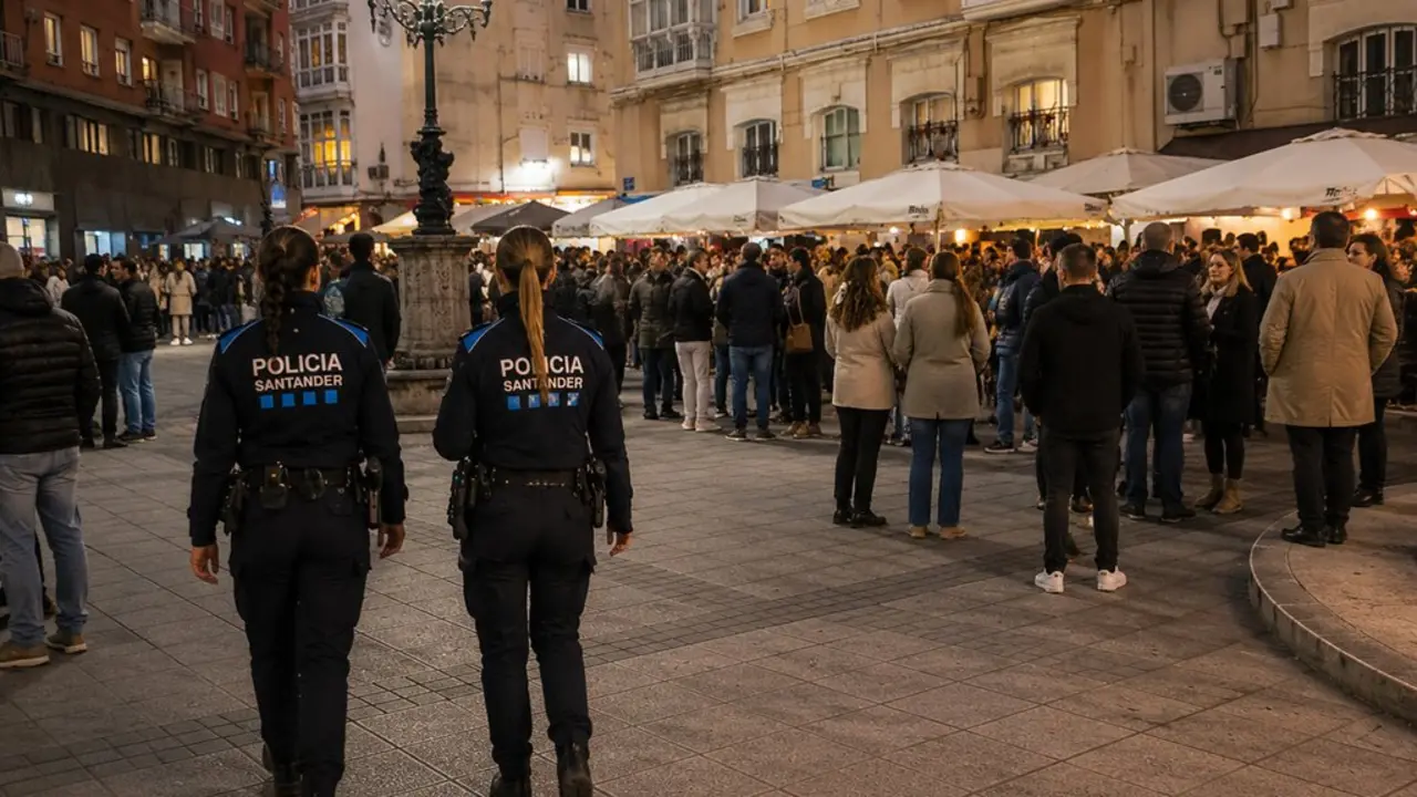 Varios agentes de la Polic&iacute;a Local, en la plaza de Ca&ntilde;ad&iacute;o, en Santander. iA
