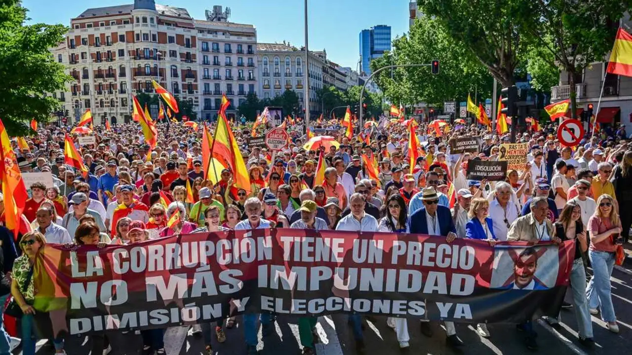 Manifestantes participan en una concentraci&oacute;n en Madrid con banderas espa&ntilde;olas y consignas contra Pedro S&aacute;nchez.