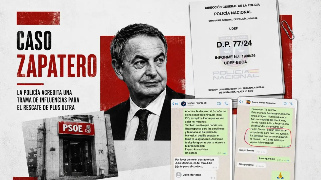 El informe 1908/26 de la UDEF sit&uacute;a a Zapatero en el centro de una presunta red de influencias vinculada al rescate de Plus Ultra, seg&uacute;n las diligencias incorporadas a la Audiencia Nacional.