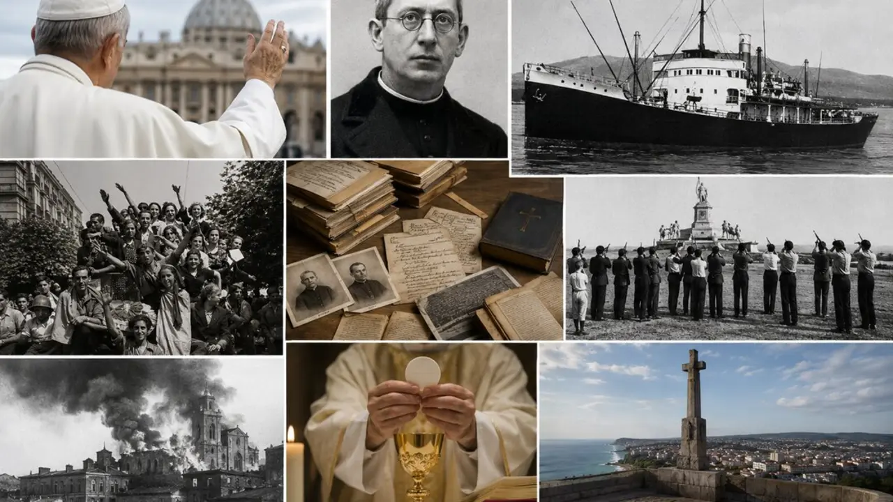 Composici&oacute;n con im&aacute;genes hist&oacute;ricas de la persecuci&oacute;n religiosa en Santander durante la Guerra Civil espa&ntilde;ola, incluyendo el barco prisi&oacute;n Alfonso P&eacute;rez, el sacerdote Francisco Gonz&aacute;lez de C&oacute;rdova y el monumento a los ca&iacute;dos en la capital c&aacute;ntabra.
