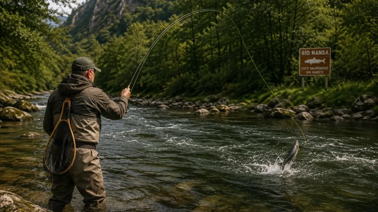 Un pescador trata de capturar salmones en el r&iacute;o Nansa, uno de los principales escenarios de la pesca fluvial en Cantabria, en una recreaci&oacute;n generada con inteligencia artificial.