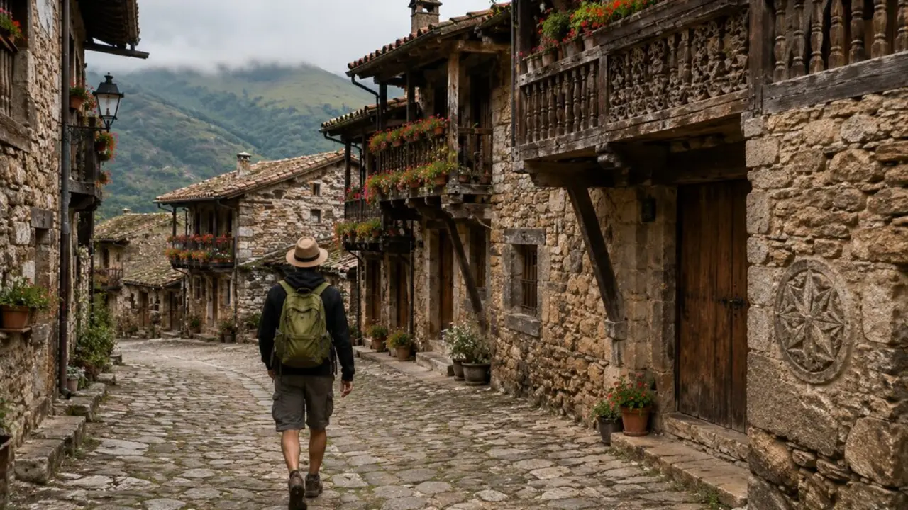 Un turista camina sobre empedrado del pueblo de B&aacute;rcena mayor en Cantabria.