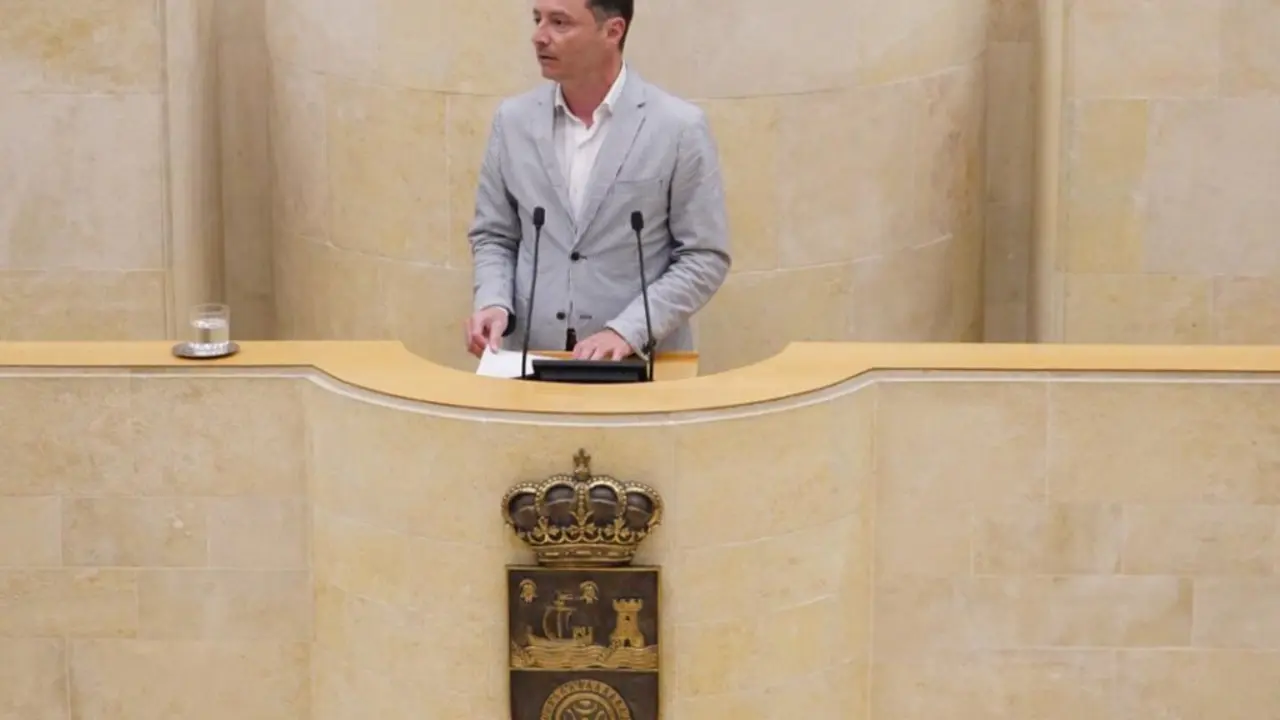 Alejandro Liz interviene desde la tribuna del Parlamento de Cantabria durante una sesi&oacute;n plenaria.