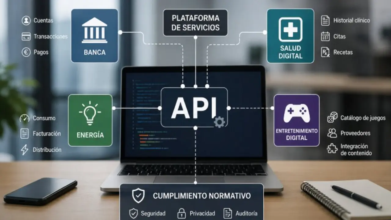 Ilustraci&oacute;n conceptual sobre el modelo API-first y la integraci&oacute;n de servicios digitales mediante interfaces de programaci&oacute;n en sectores regulados como banca, salud y entretenimiento online.