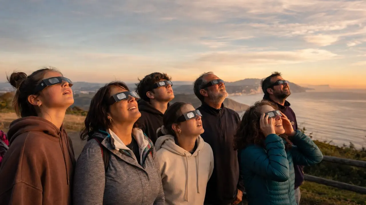 Varias personas durante la Observaci&oacute;n segura del eclipse en Cantabria.