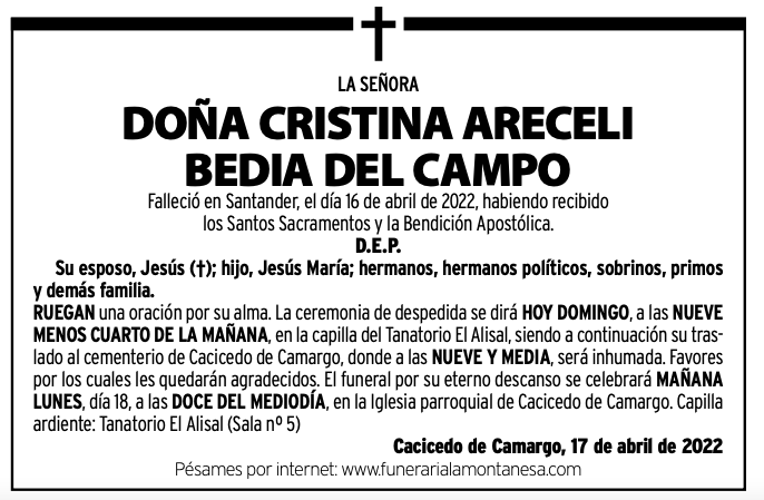 Doña Cristina Areceli Bedia Del Campo