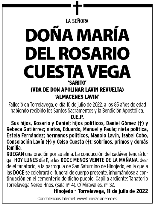 Esquela Doña María del Rosario Cuesta Vega