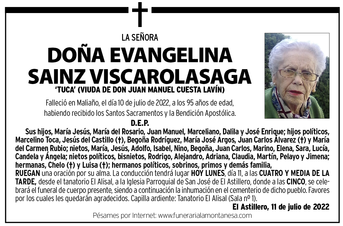 Esquela Doña Evangelina Sainz Viscarolasaga