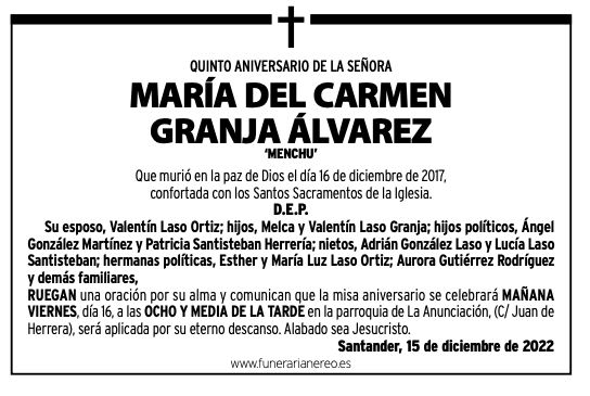 Quinto Aniversario de la Señora María del Carmen Granja Álvarez