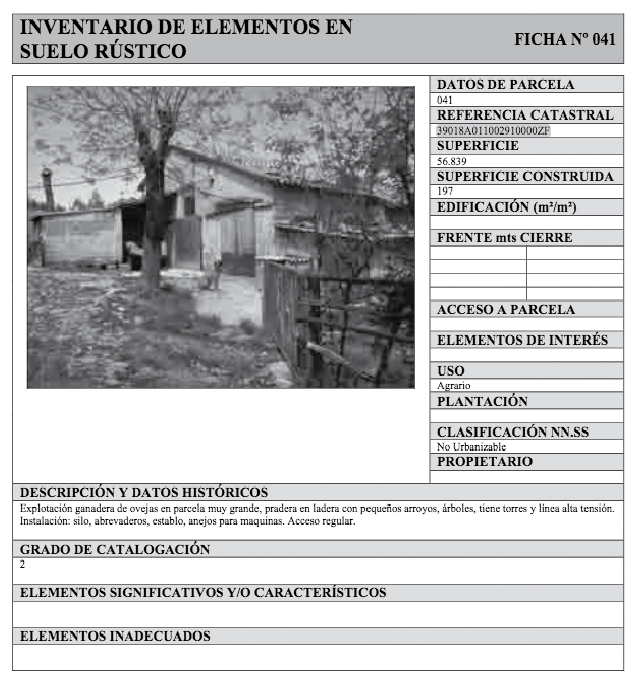 Ficha del inventario de elementos en suelo rústico con grado 2.
