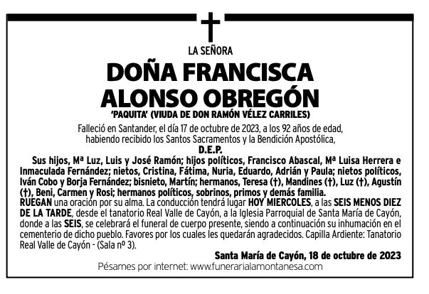 La Señora 
Doña Francisca Alonso Obregón