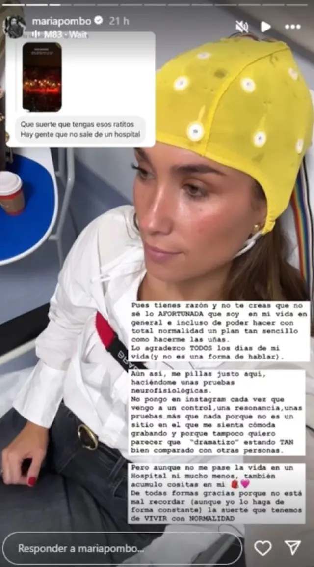María Pombo compartió esta imagen en sus redes sociales para relatar los avances de su enfermedad. / IG