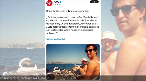 El PSOE contesta a la imagen de Sánchez y Aldama con un tuit sobre Feijóo y Marcial Dorado que luego borra