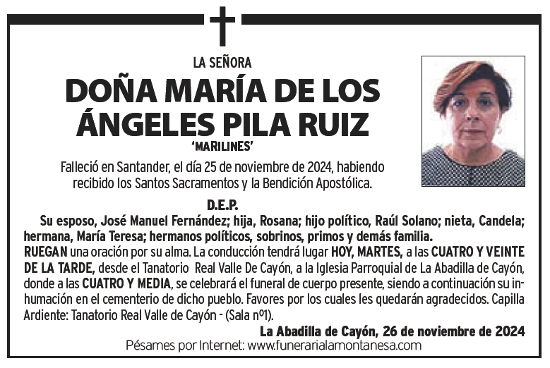 Esquela de Doña María de los Ángeles Pila Ruiz