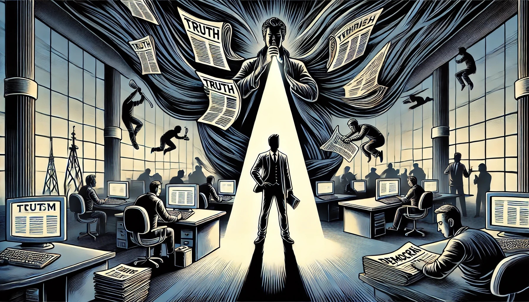 Ilustraciones editorial representando el periodismo como defensor de la verdad y la democracia.  / IA, EL FUTURO