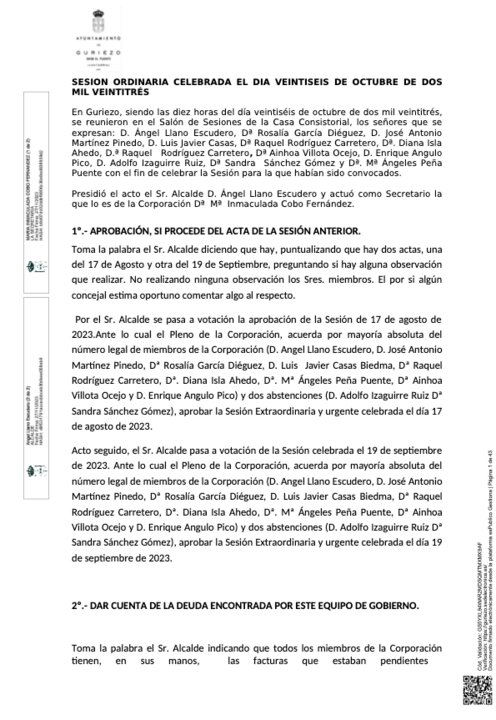 Fragmento del acta del Pleno ordinario celebrado el 26 de octubre de 2023 en el Ayuntamiento de Guriezo, donde se reconoció la existencia de más de 568.000 euros en facturas pendientes de pago de la legislatura anterior. / VECINOS POR GURIEZO