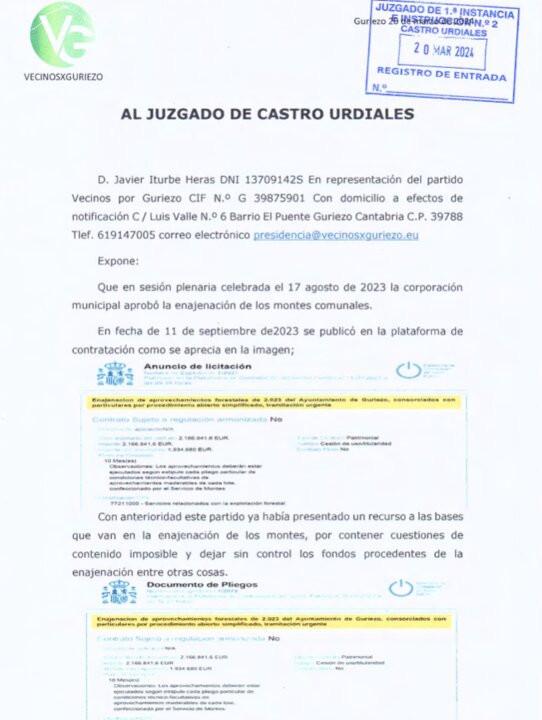 Denuncia presentada por Javier Iturbe Heras en el Juzgado de Castro Urdiales contra el Ayuntamiento de Guriezo, reclamando irregularidades en la subasta de montes comunales y falta de control de los fondos públicos.