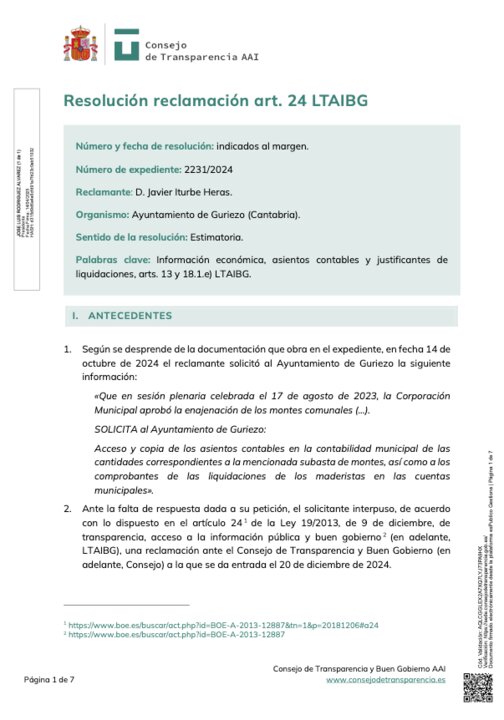 Resolución del Consejo de Transparencia y Buen Gobierno que estima la reclamación de Javier Iturbe Heras y ordena al Ayuntamiento de Guriezo entregar los documentos contables de la subasta de montes comunales. / VECINOS POR GURIEZO