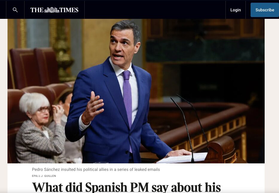 Portada de <em>The Times</em> del 12 de mayo de 2025, donde se destaca que Pedro Sánchez llamó «inútiles imbéciles» a sus propios barones. | Imagen: The Times