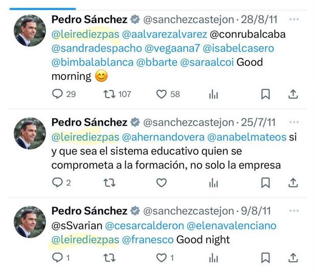 Captura de uno de los mensajes de Pedro Sánchez, del año 2011, en que menciona a Leire Díez. / RRSS