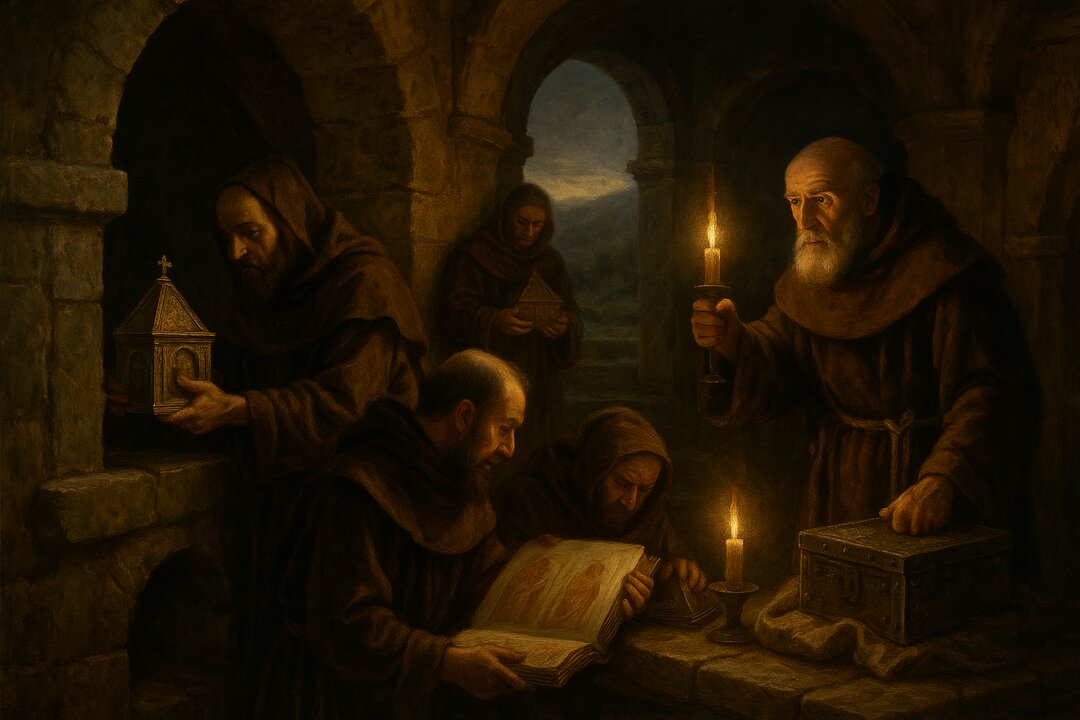 Cripta iluminada por velas, monjes guardando códices y reliquias ante una inminente amenaza.