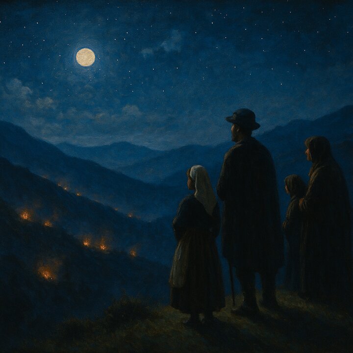 Aldeanos observando fuegos enemigos en las cumbres bajo la luna y el cielo estrellado.