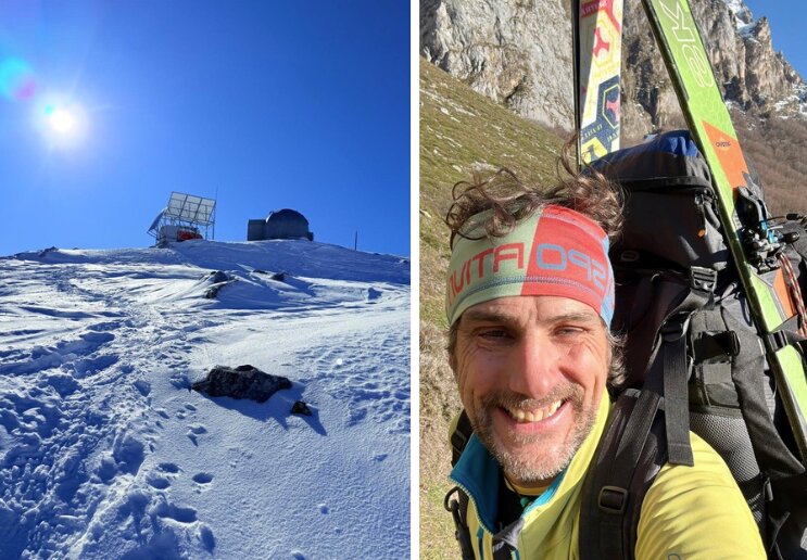 A la izquierda, la imponente silueta de Cabaña Verónica bajo el sol invernal; a la derecha, Nani inicia la ascensión cargado con sus esquís y mochila, listo para otro fin de año en las alturas. / NANI