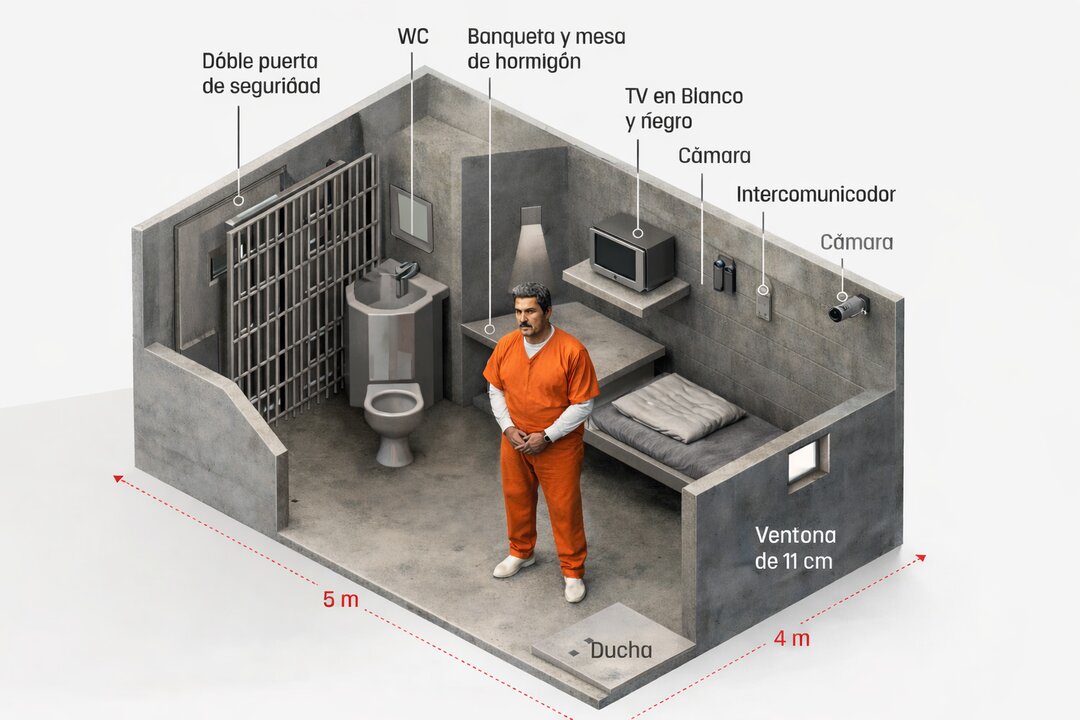 Recreación isométrica de una celda del MDC Brooklyn con Nicolás Maduro en su interior. La ilustración muestra las condiciones de reclusión: espacio reducido, mobiliario de hormigón, vigilancia constante y aislamiento casi total en la Unidad de Vivienda Especial (SHU). / A.E