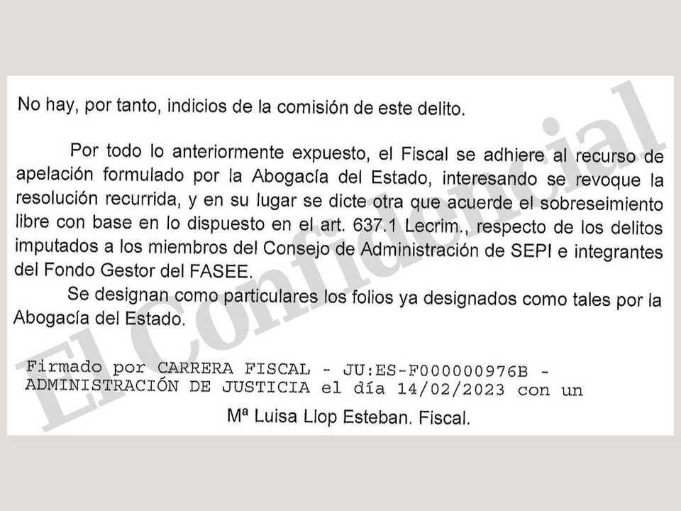 Fragmento del escrito firmado por la fiscal M.ª Luisa Llop Esteban en febrero de 2023, en el que respaldó el recurso de la Abogacía del Estado y solicitó el sobreseimiento libre de la causa relacionada con las ayudas a Plus Ultra.